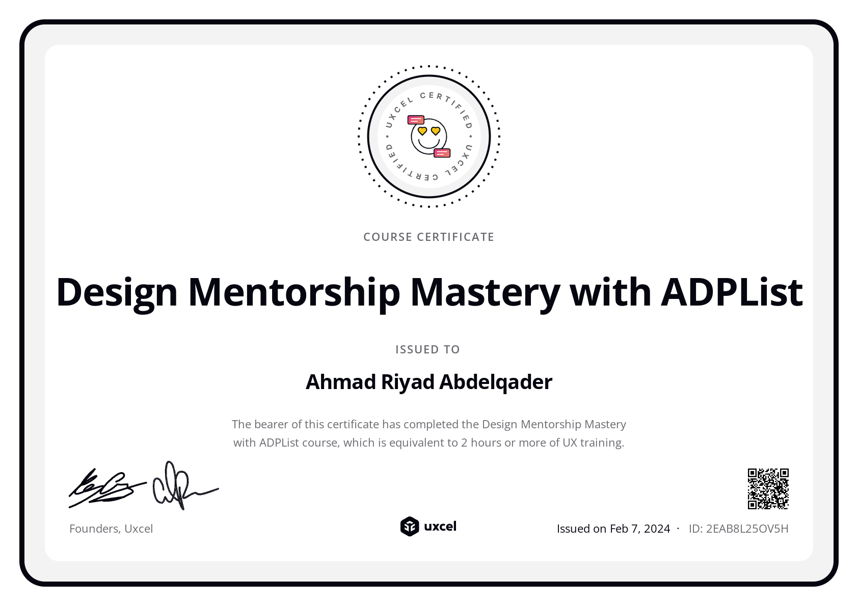 Ahmad Riyad Abdelqader's certificate